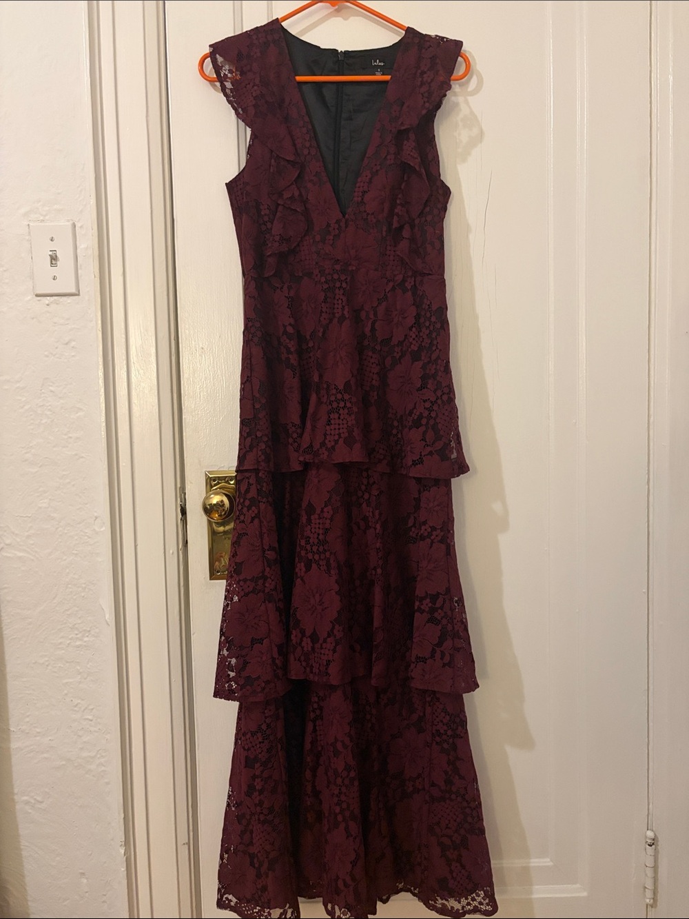 Lulu's Burgundy Lace Tiered Maxi Dress with Ruffles - Picture 3 of 5